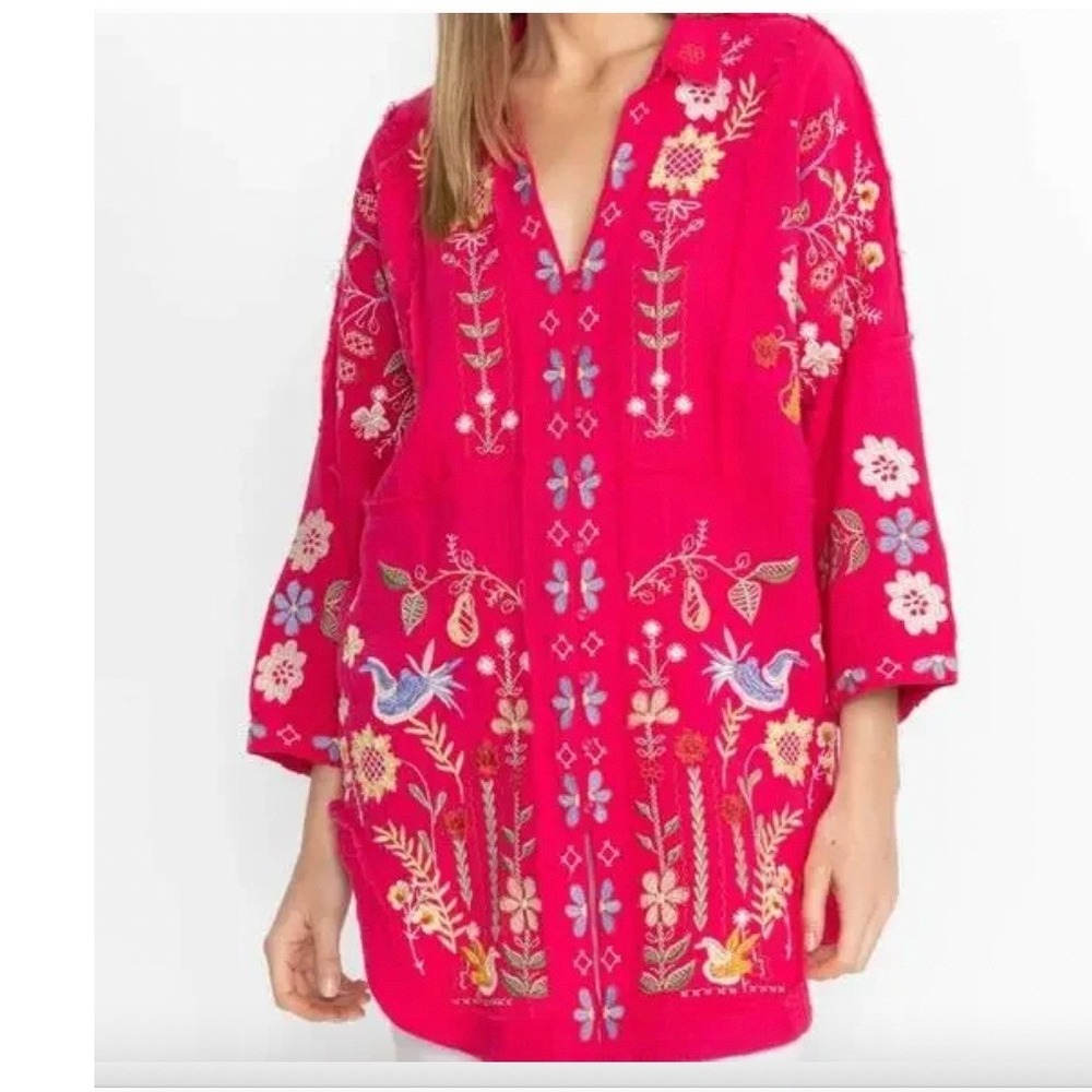 Johnny Was Biya Felicity Embroidered‎ Cotton Tunic Pink Bird Floral Blouse XS
